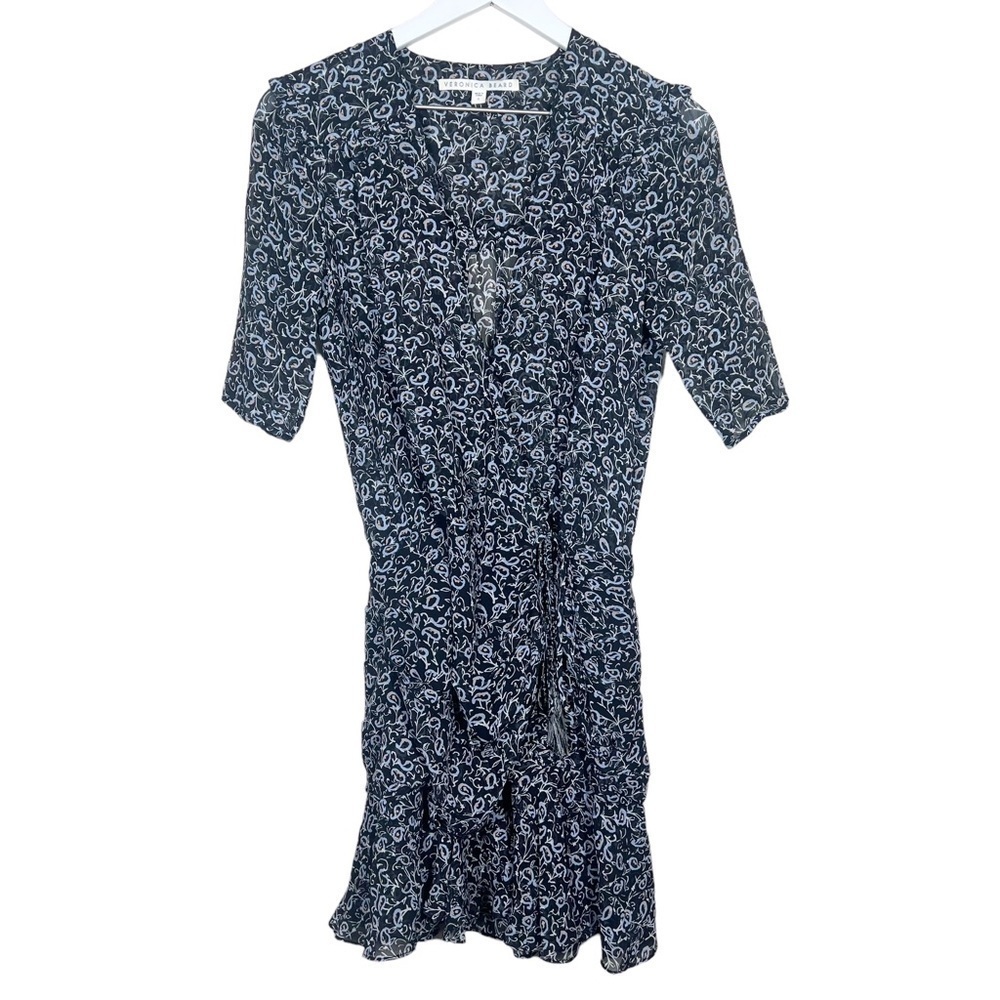 Veronica Beard Womens Black Floral Ruffle Pleated Silk Mini Dress Size 0 Dakota